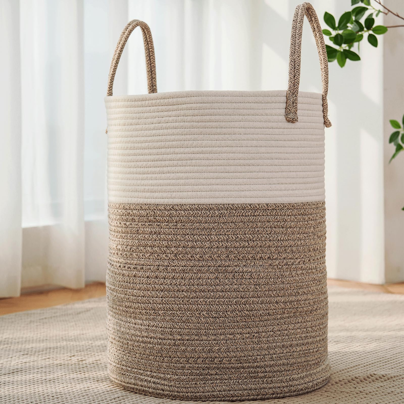 JMvicyroam large woven laundry basket front view with natural cotton texture for blankets