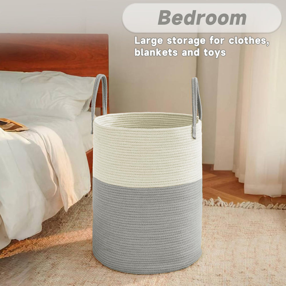 JMvicyroam laundry basket in living room blends with decor while organizing toys.