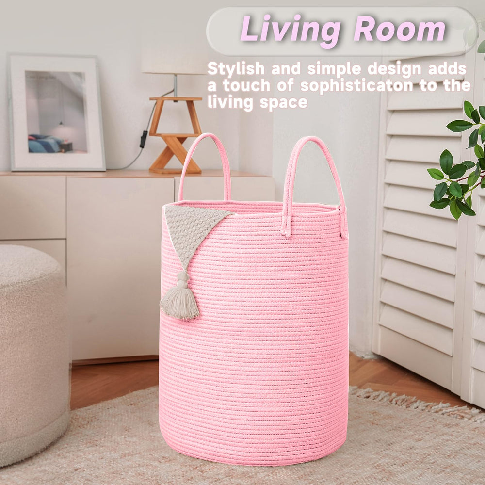 JMvicyroam multipurpose storage basket tidies blankets, clothes, and toys.