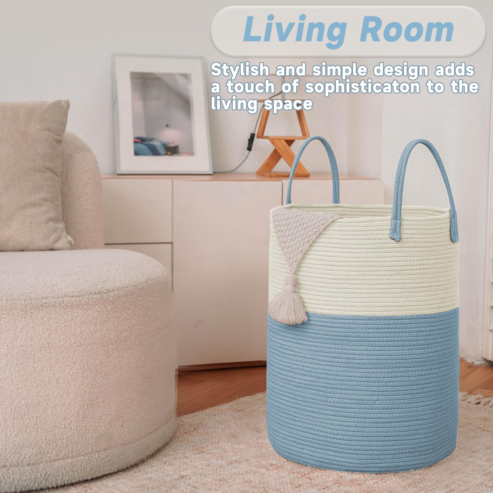 JMvicyroam nursery hamper storing soft blankets and baby textiles with a gentle weave.