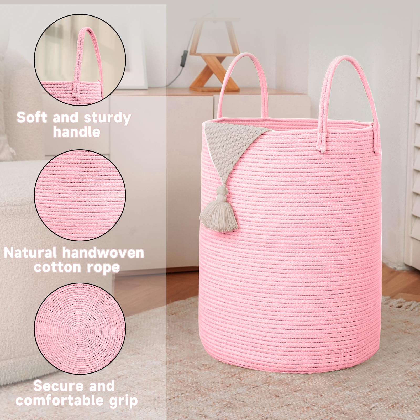 JMvicyroam home decor basket shown in nursery or living room setups.