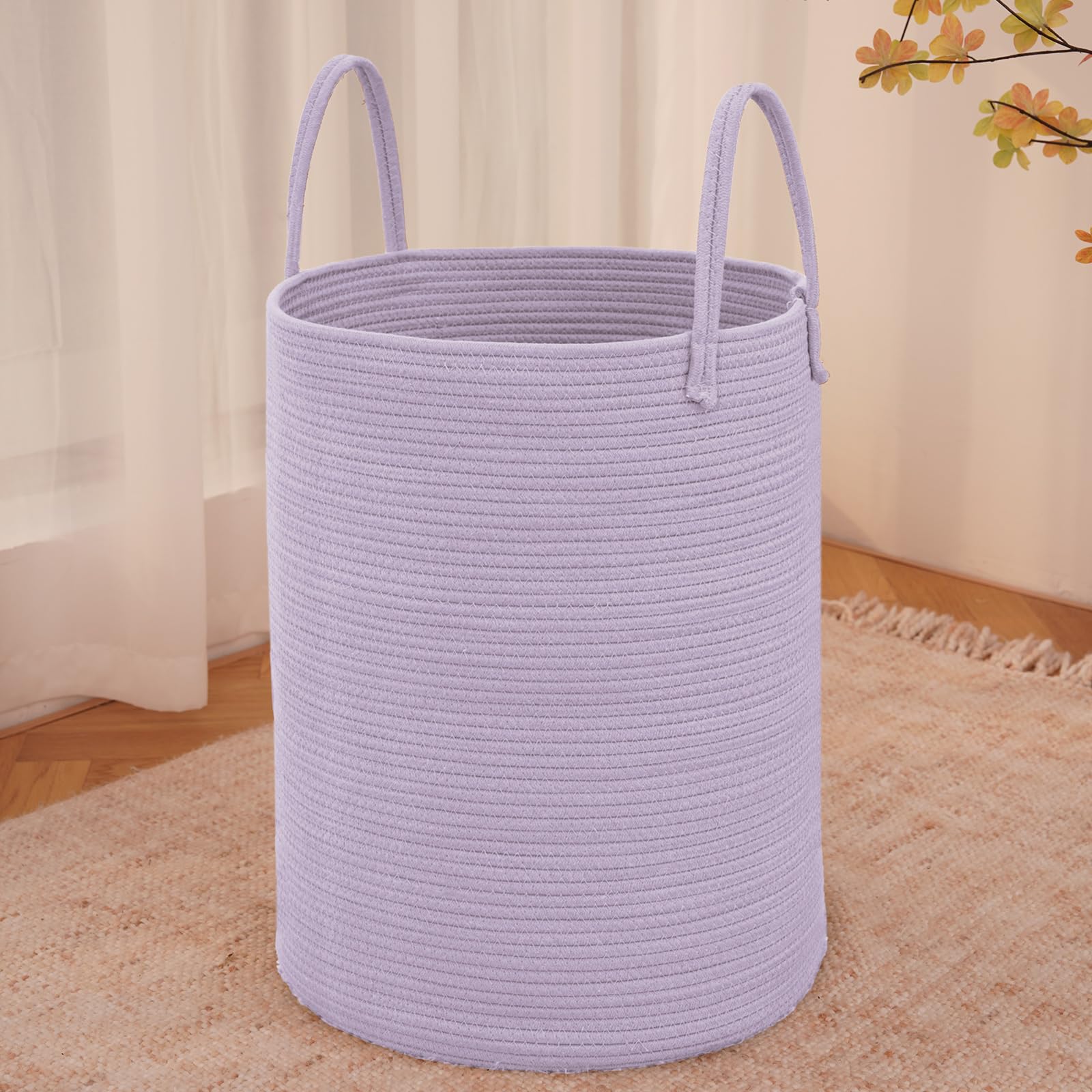 JMvicyroam purple woven laundry basket for blankets and clothes.