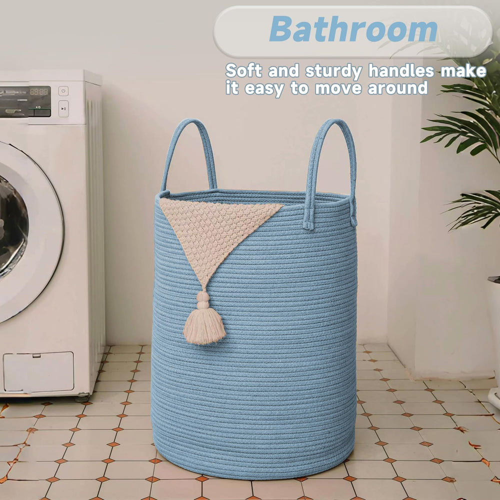 JMvicyroam soft-handled blue laundry hamper, comfortable grip for daily use.