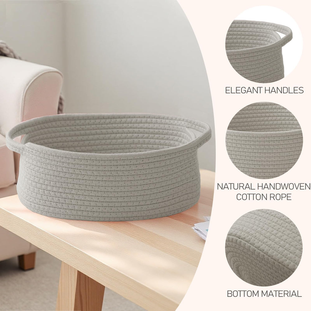 JMvicyroam gray basket on shelf keeps small items organized.