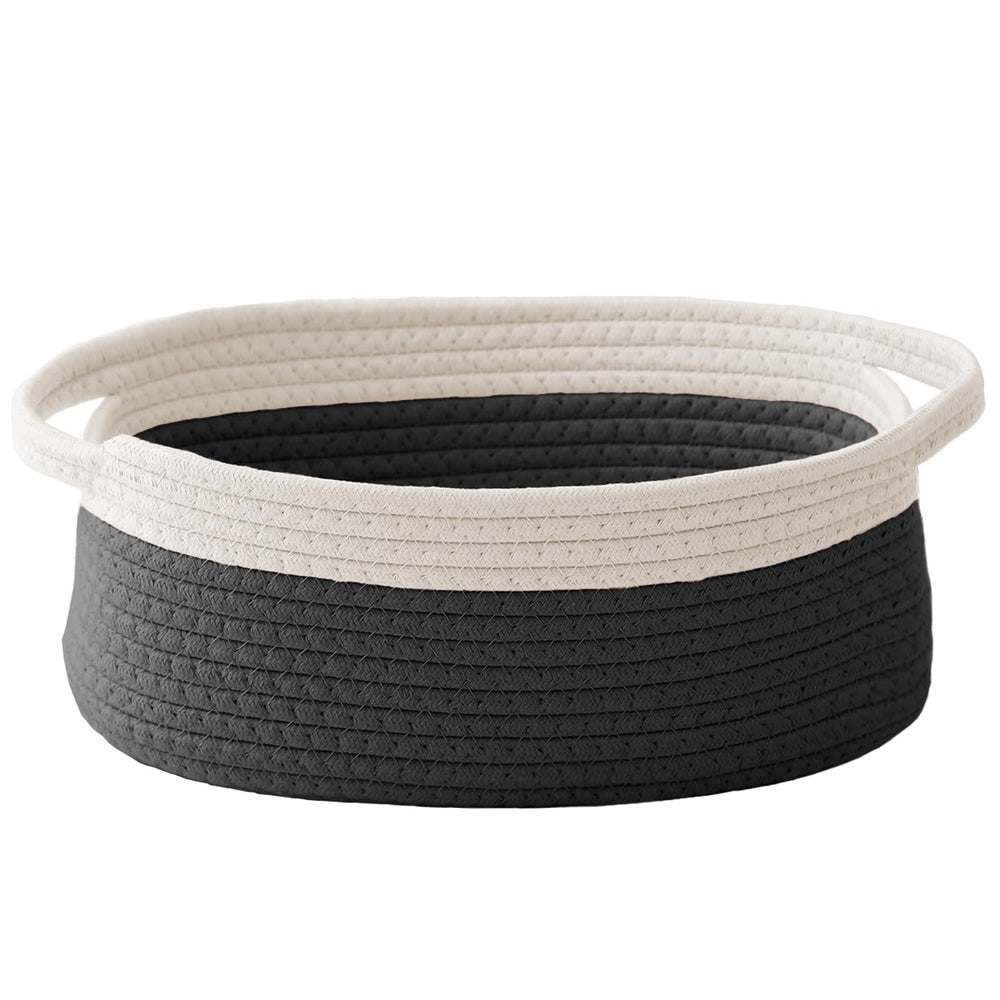 JMvicyroam woven basket with handles for tidy shelf storage.