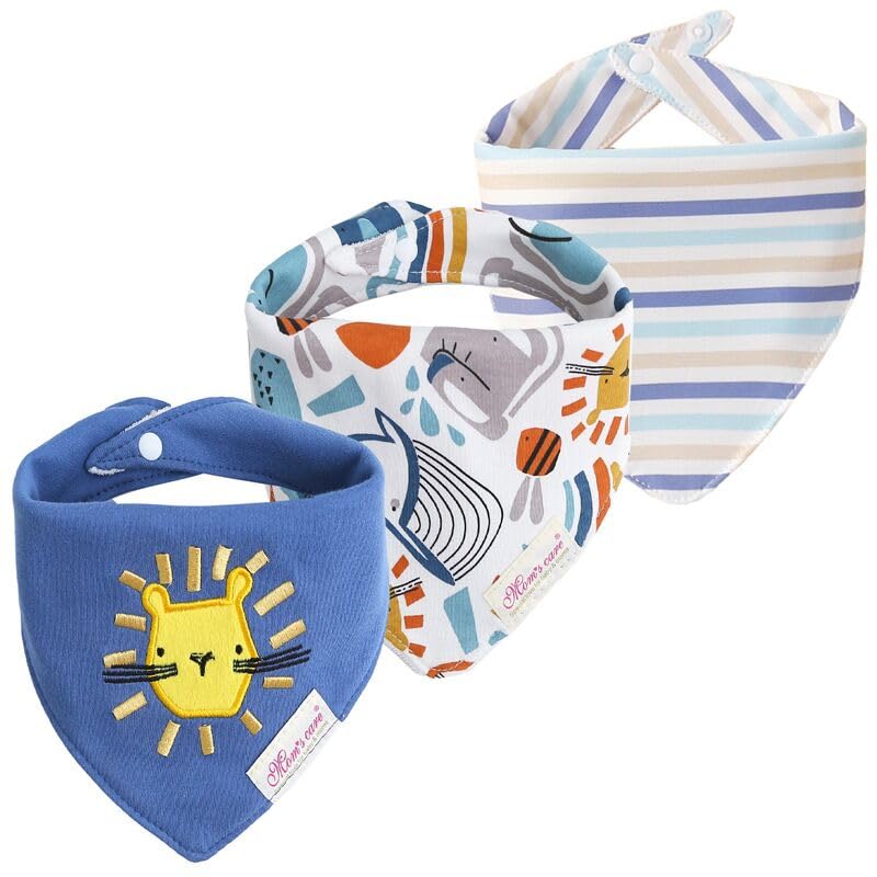 JN&LULU 3-pack newborn bandana bibs in the Lion Sun pattern for drool control and easy care