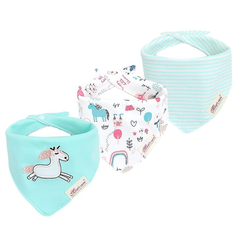 JN&LULU 3-pack newborn bibs blue unicorn with adjustable snaps for drool control