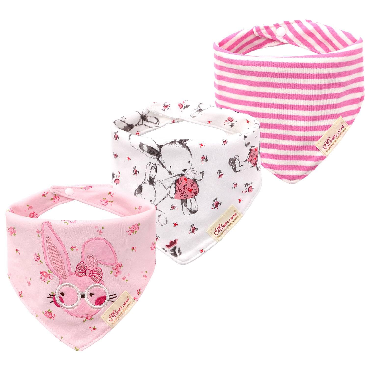 JN&LULU pink rabbit bandana bib catches drool and protects baby outfits.