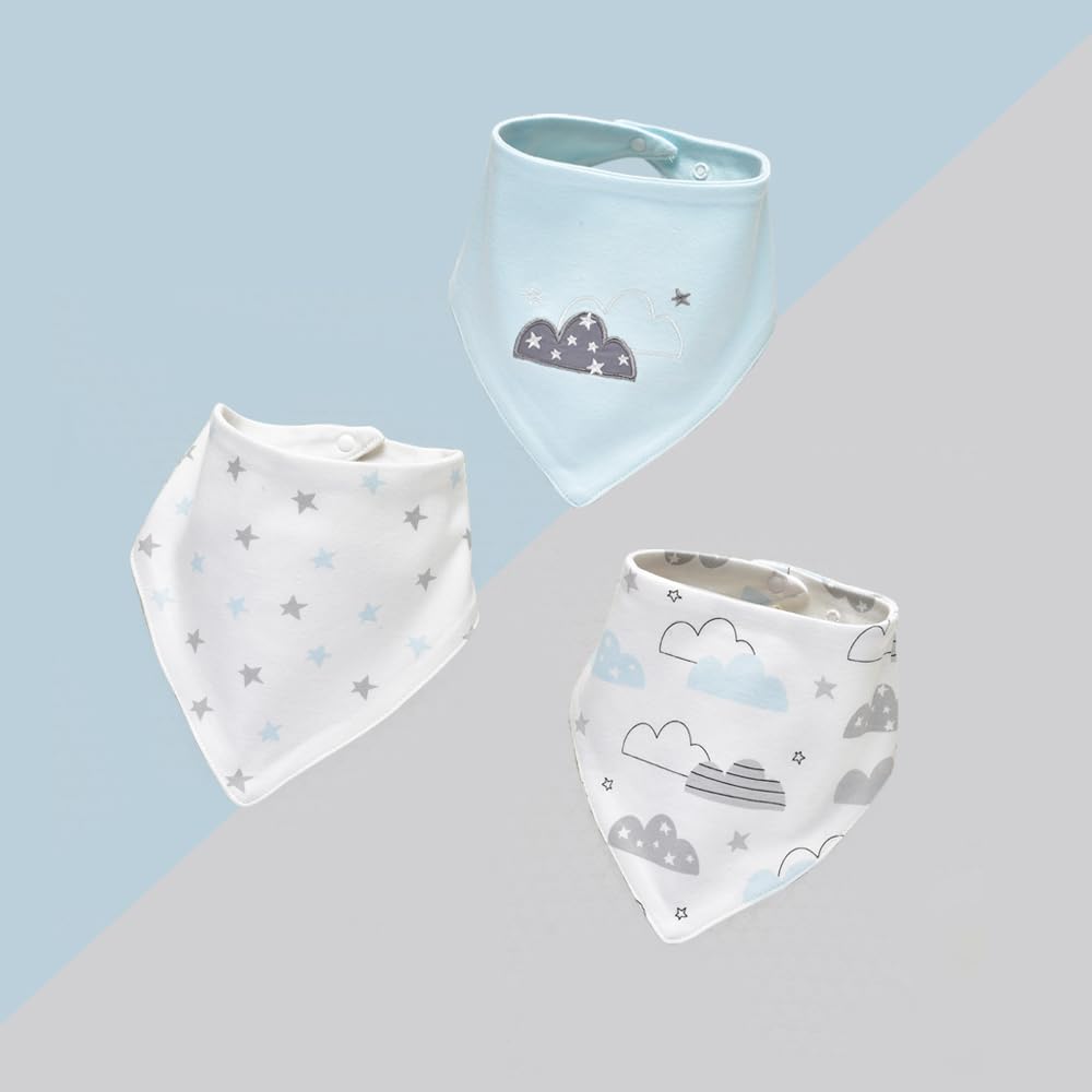 JN&LULU bandana bib cloud on baby demonstrates comfy, adjustable fit for growing tots.