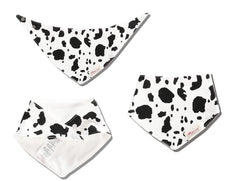 JN&LULU bandana bib cow-pattern closeup highlights soft cotton and secure snaps