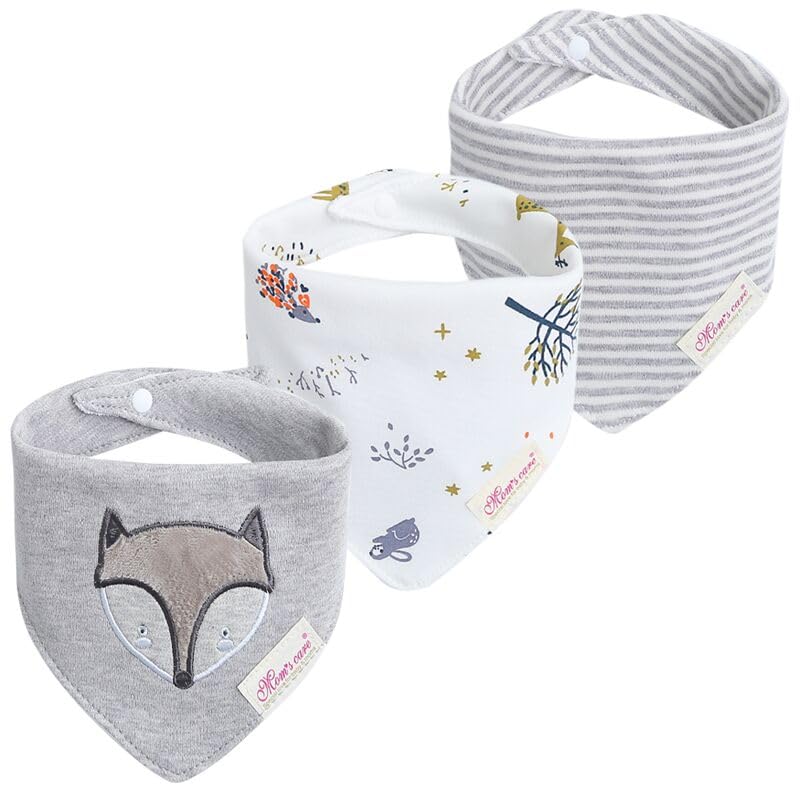 JN&LULU bandana bibs in Grey Fox print protect outfits from drool while staying stylish.