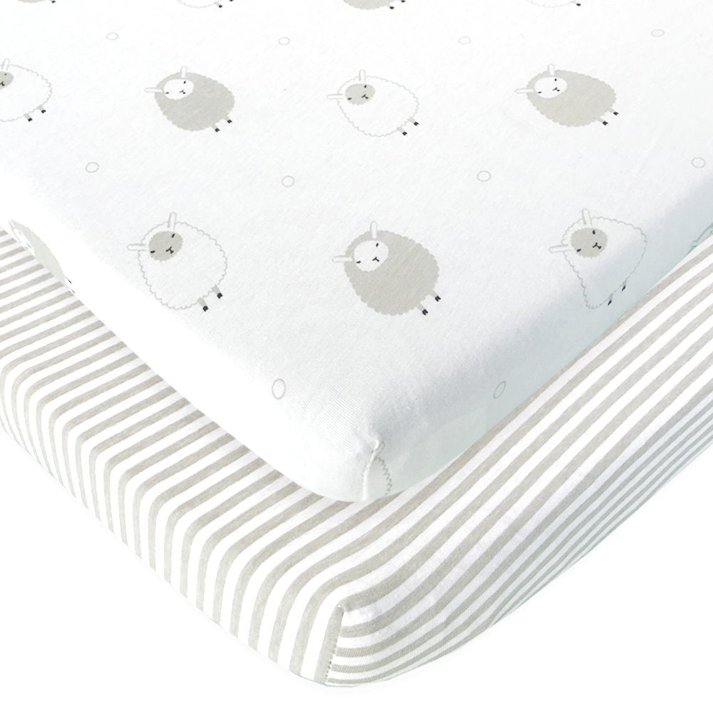 Joey and Joan travel crib sheets show ultra-soft jersey cotton for baby comfort.