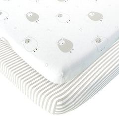 Joey and Joan travel crib sheets show ultra-soft jersey cotton for baby comfort.
