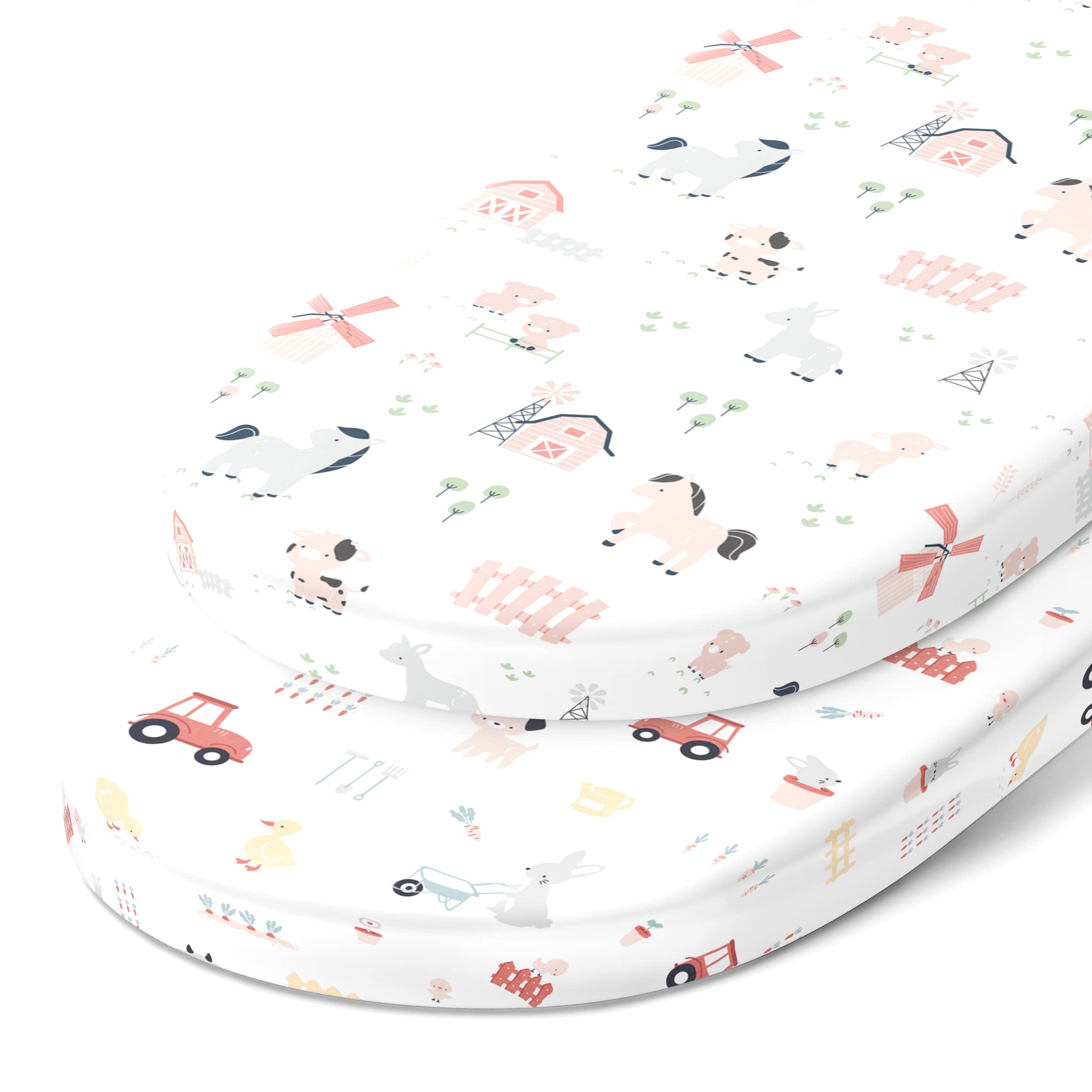 Joey + Joan bassinet fitted sheet in farm animals pattern, ultra-soft jersey cotton for gentle comfort.
