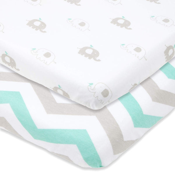 Joey & Joan bassinet sheets in grey offer breathable jersey cotton for peaceful naps.