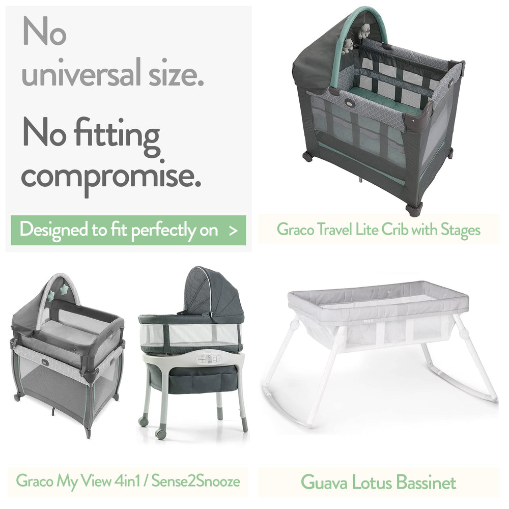 Joey + Joan bassinet sheets on a Graco Travel Lite show a snug, secure fit