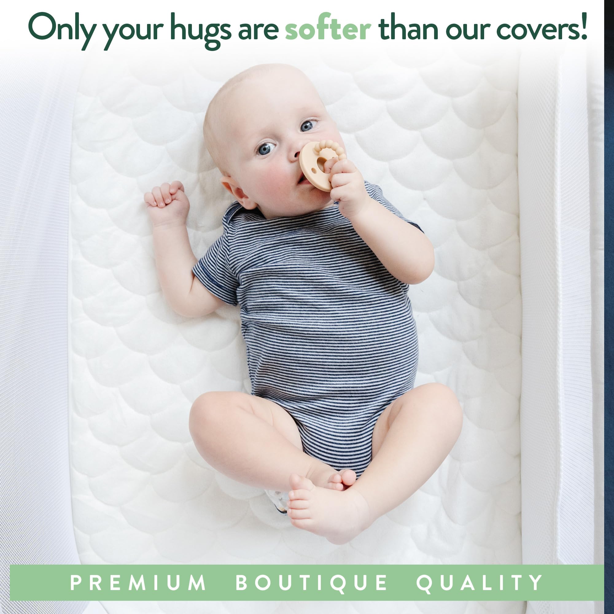 Joey + Joan quilted surface offers breathable, hypoallergenic sleep with no crinkle noise.