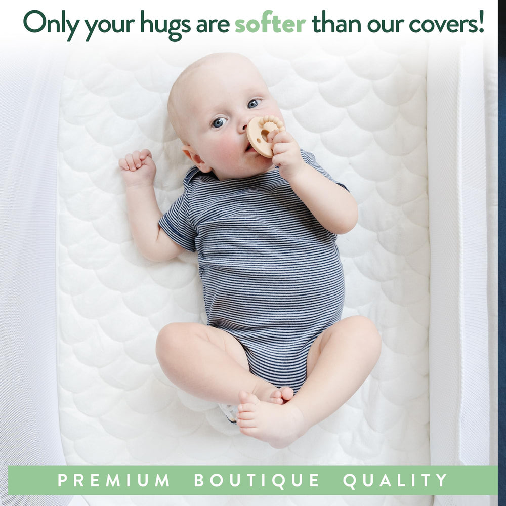 Joey + Joan quilted surface offers breathable, hypoallergenic sleep with no crinkle noise.