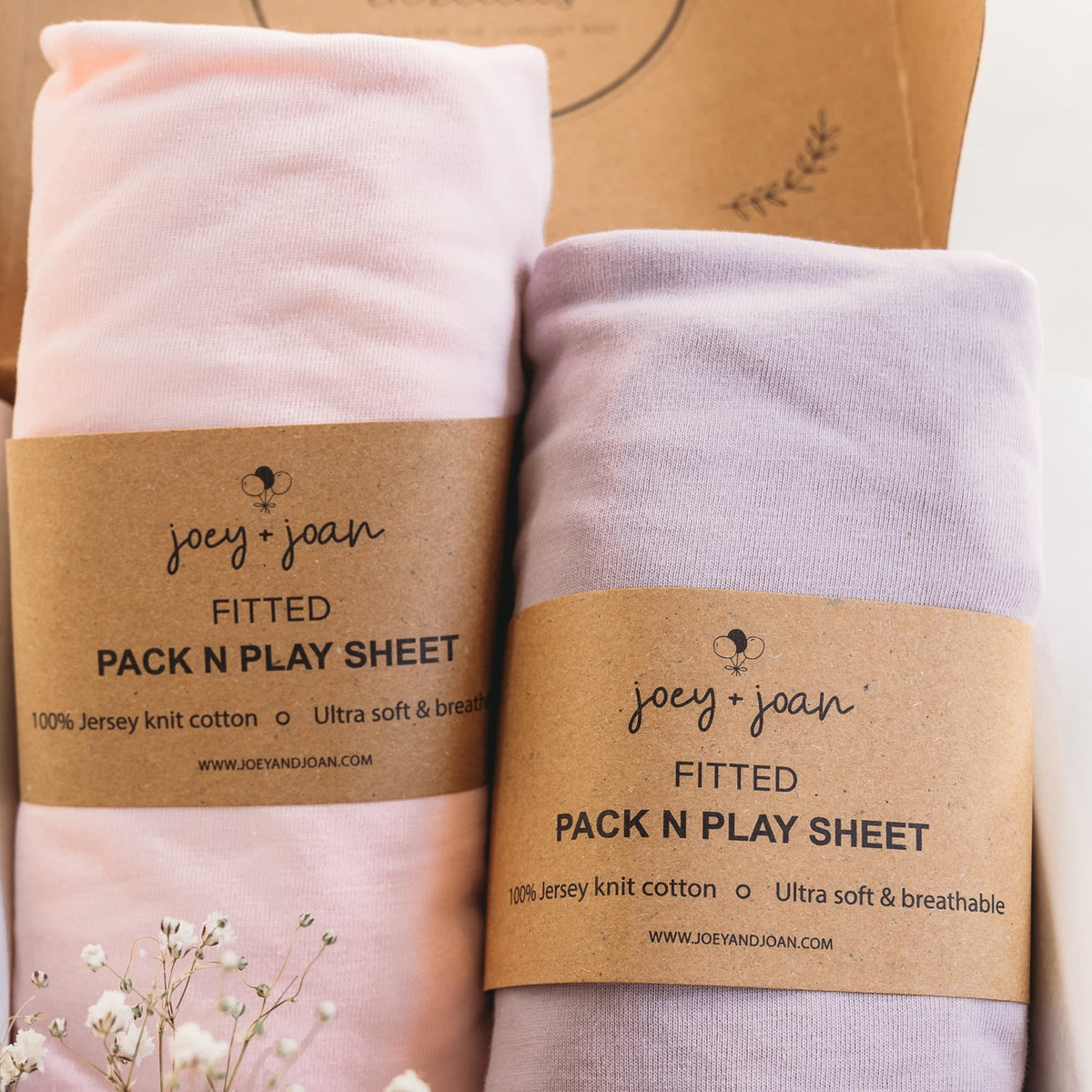 Joey and Joan Pack and Play Sheets fitted on Breeze Plus for snug, safe sleep