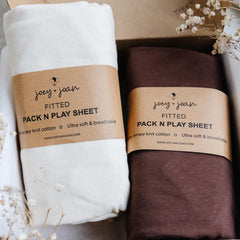 Joey + Joan travel crib fitted sheet in cream and brown for ultra-soft jersey cotton touch