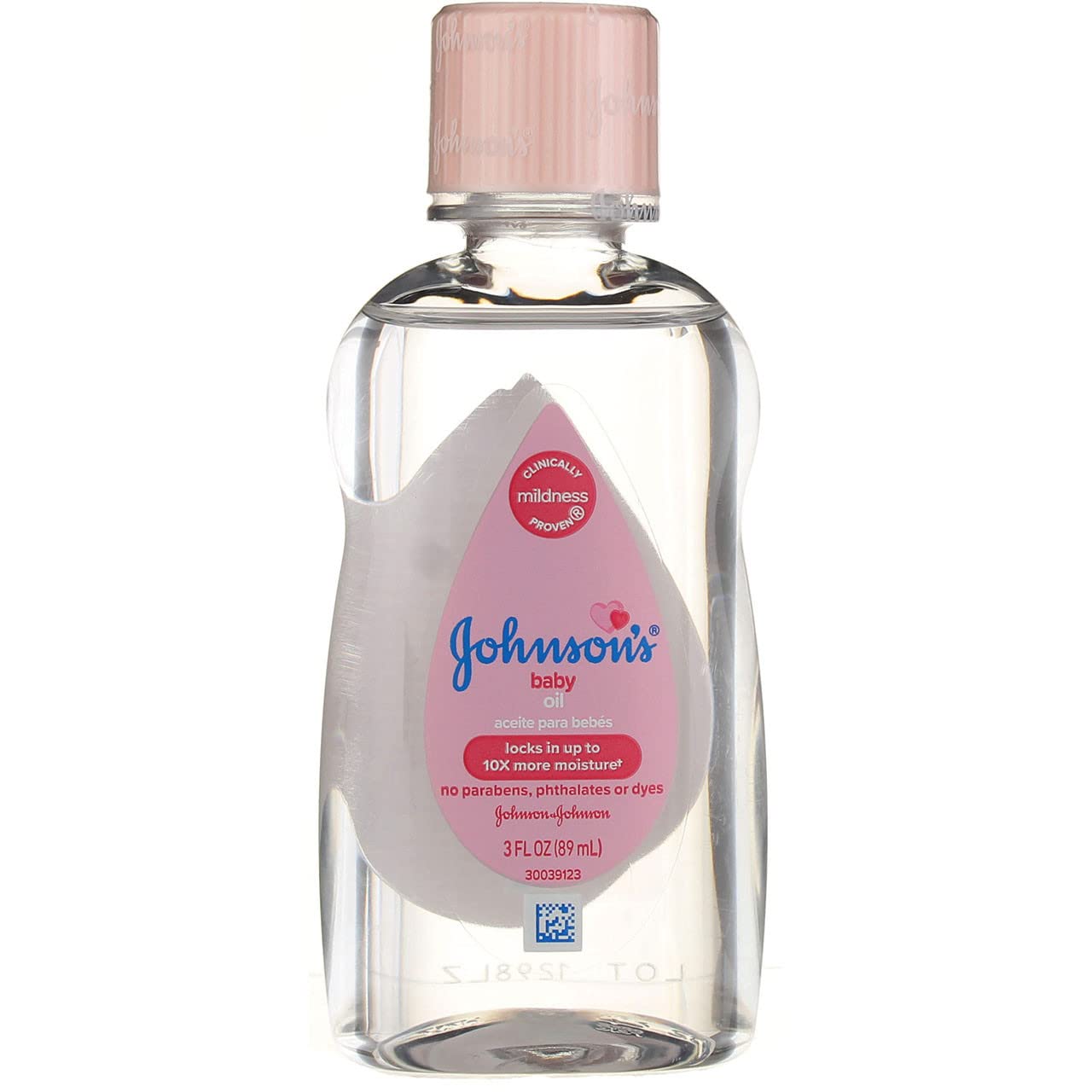 Close-up of Johnson & Johnson Baby Oil bottle showing smooth oil texture.