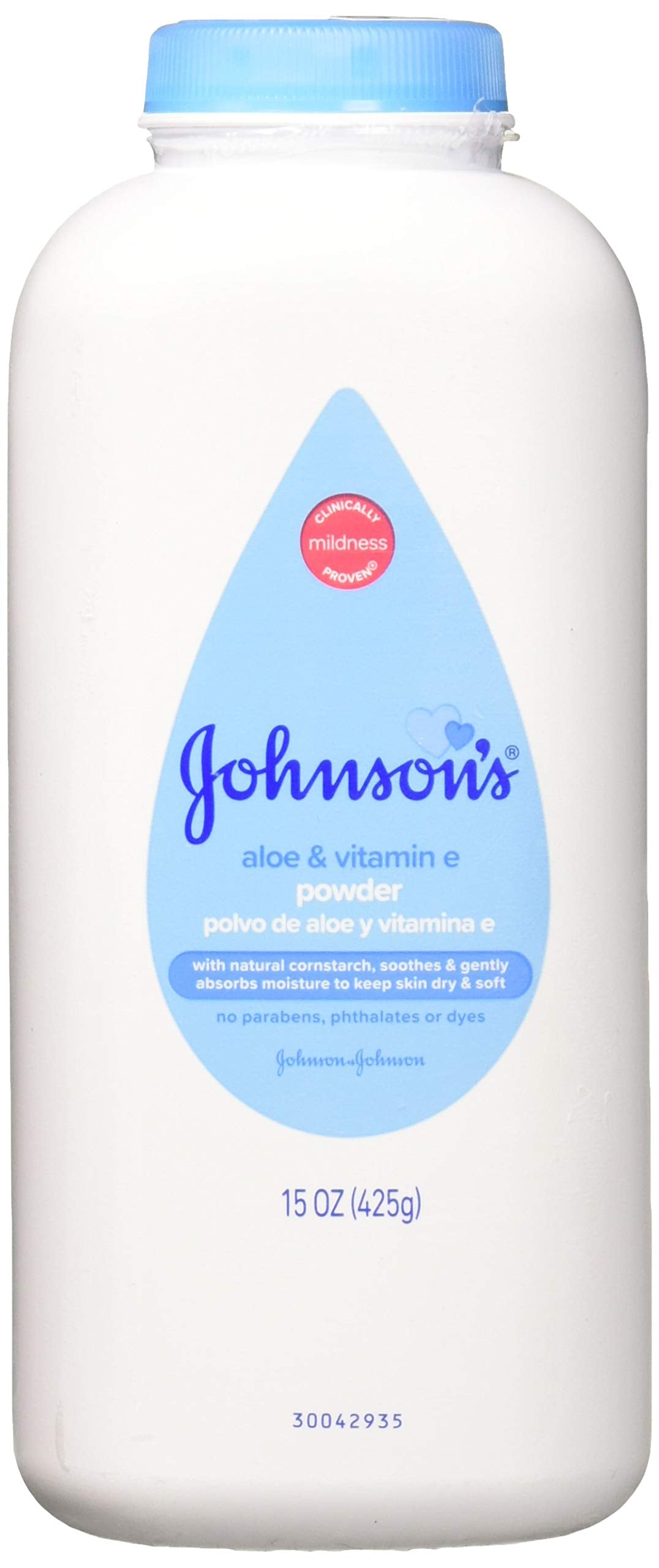 Johnson & Johnson pure cornstarch baby powder bottle pour for gentle moisture absorption.