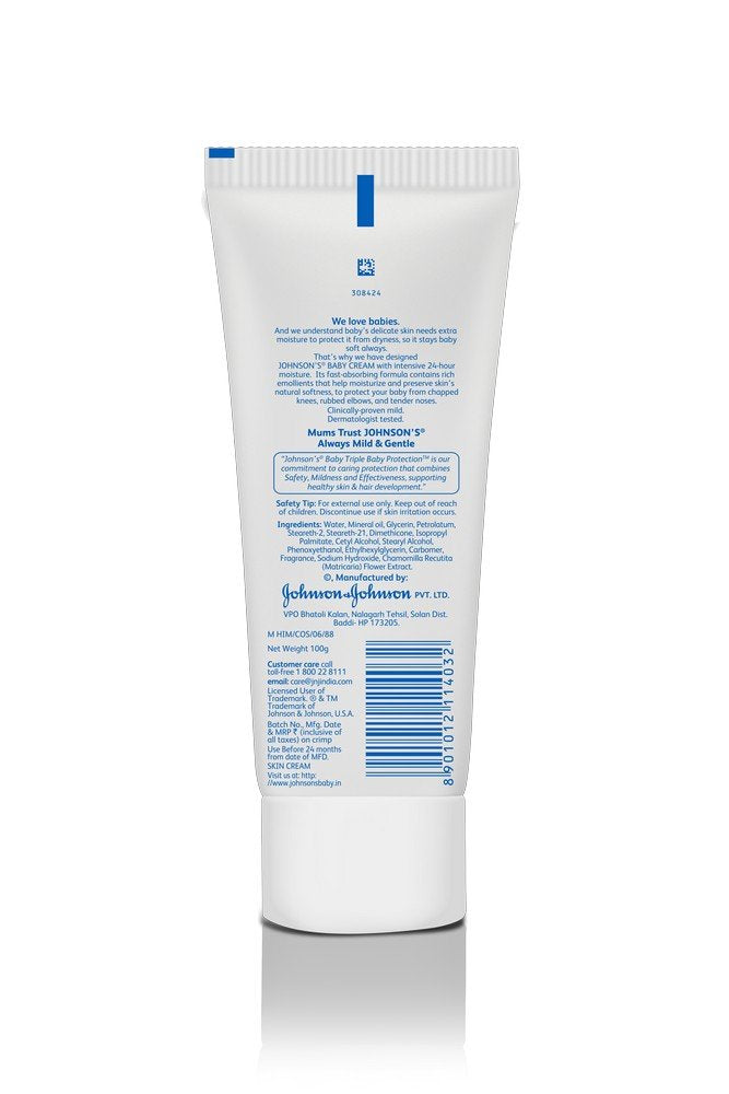 Johnson's Baby Cream on the elbow area providing lasting moisture.