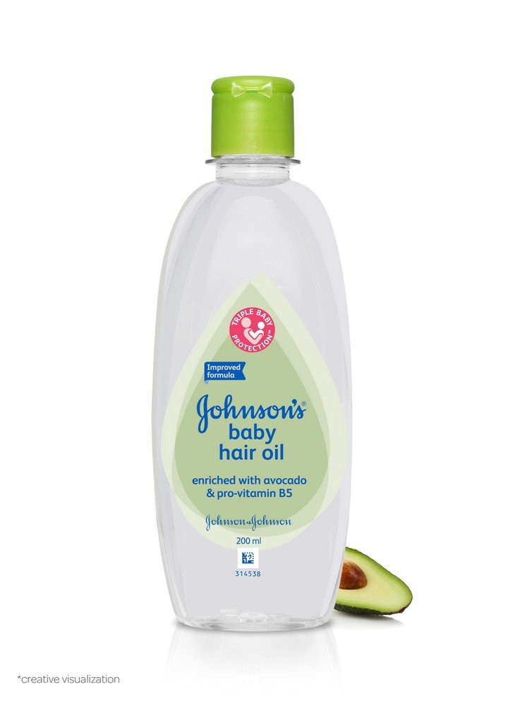 Johnson's Baby Hair Oil bottle highlights a light, non-greasy formula