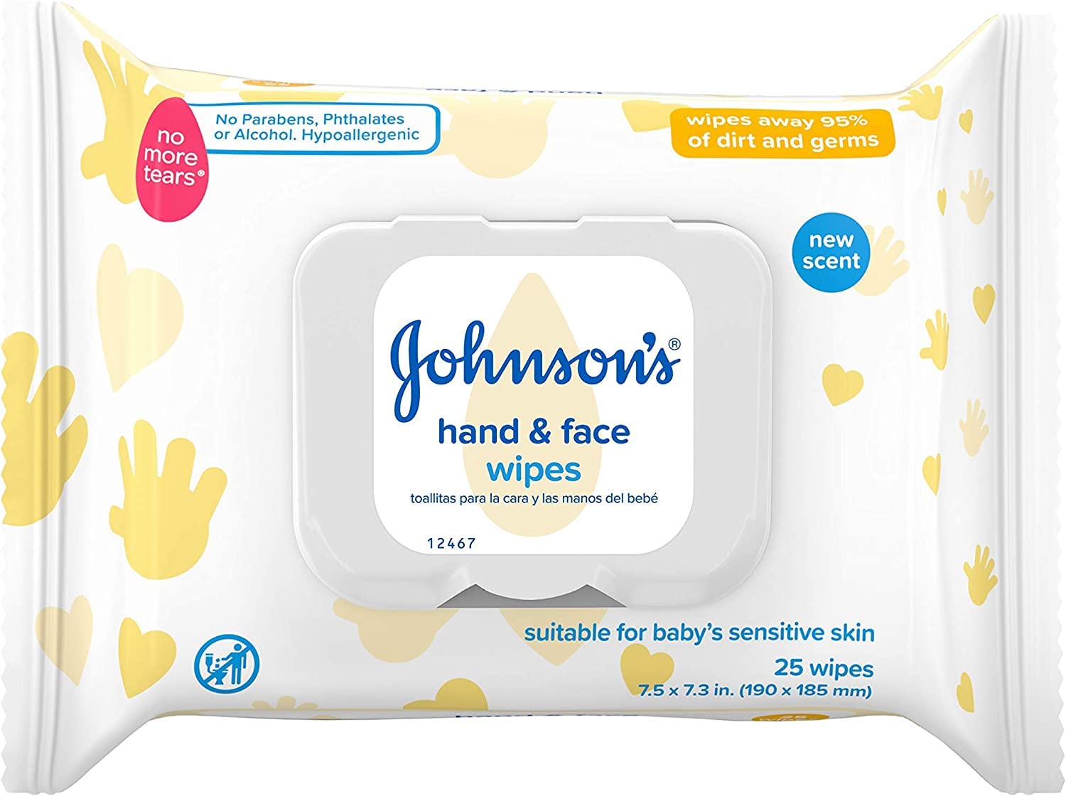 Johnson's Baby Hand and Face Wipes front pack for gentle cleansing on the go.