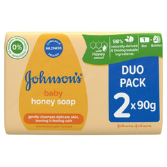 Johnson's Baby Honey Soap 2 x 90 g pack shot shows gentle cleansing for baby's delicate skin.