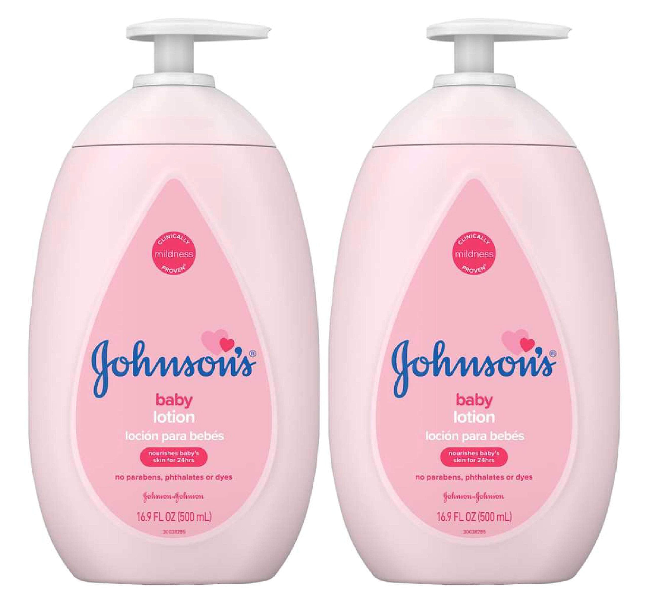 Johnson's Baby lotion bottle demonstrates 24-hour moisture for delicate skin