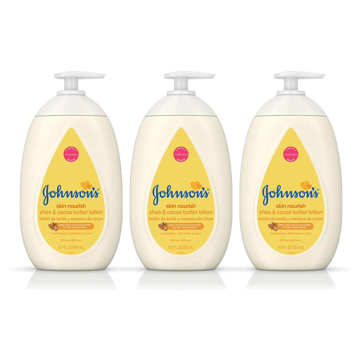Johnson's Baby Moisturizing Dry Skin Lotion bottle, gentle moisture with cocoa butter for 24-hour care