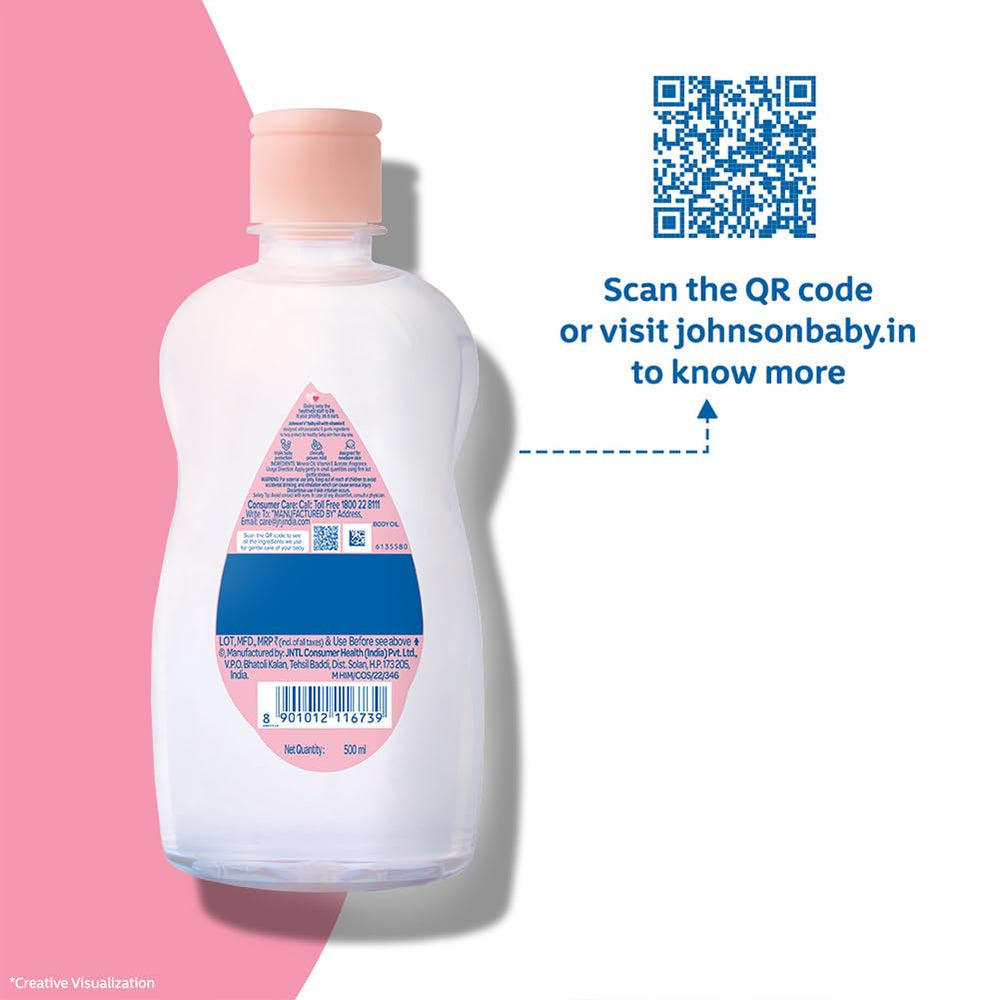Johnson's Baby Oil bottle with glow on skin after massage.