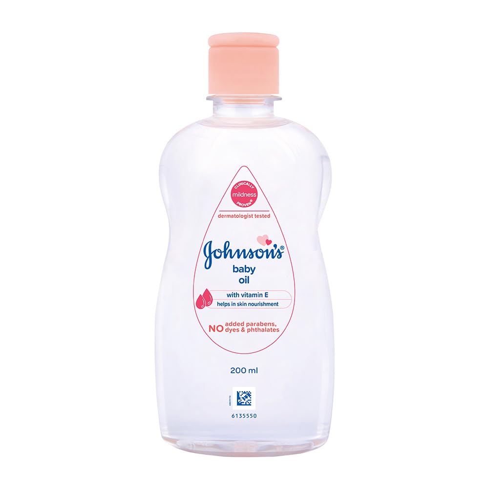 Johnson's Baby Oil with Vitamin E 200ml clear bottle shows gentle moisture for delicate skin.