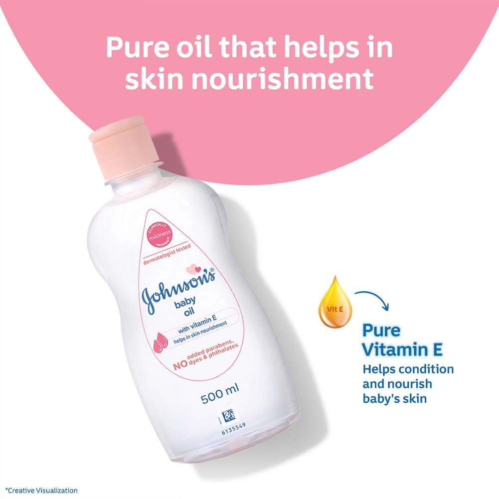 Johnson's Baby Oil 200ml after-bath application shows lightweight, non-greasy finish on skin.