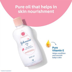 Johnson's Baby Oil vitamin E pour shot emphasizes easy distribution during bath time.