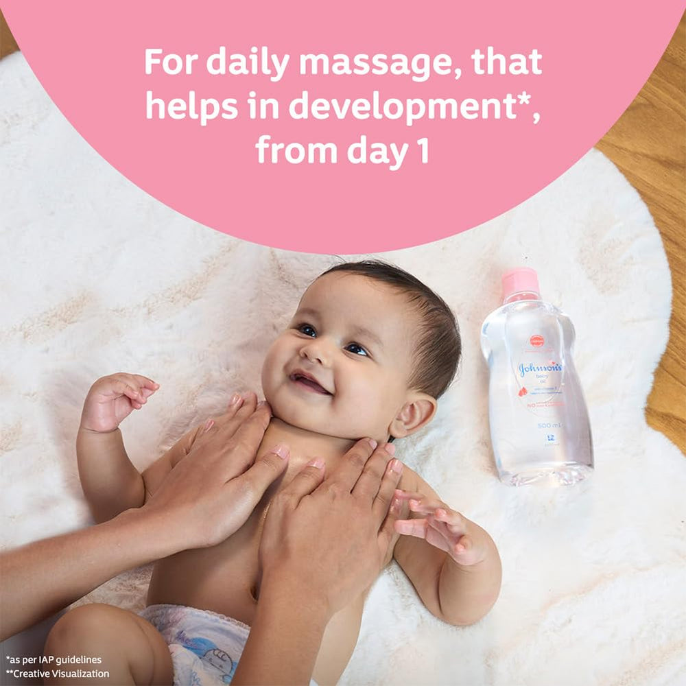 Johnson's Baby Oil vitamin E detail highlights nourishing feel for daily skincare.