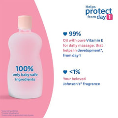 Johnson's Baby Oil with Vitamin E close-up texture highlights smooth, radiant skin after application.