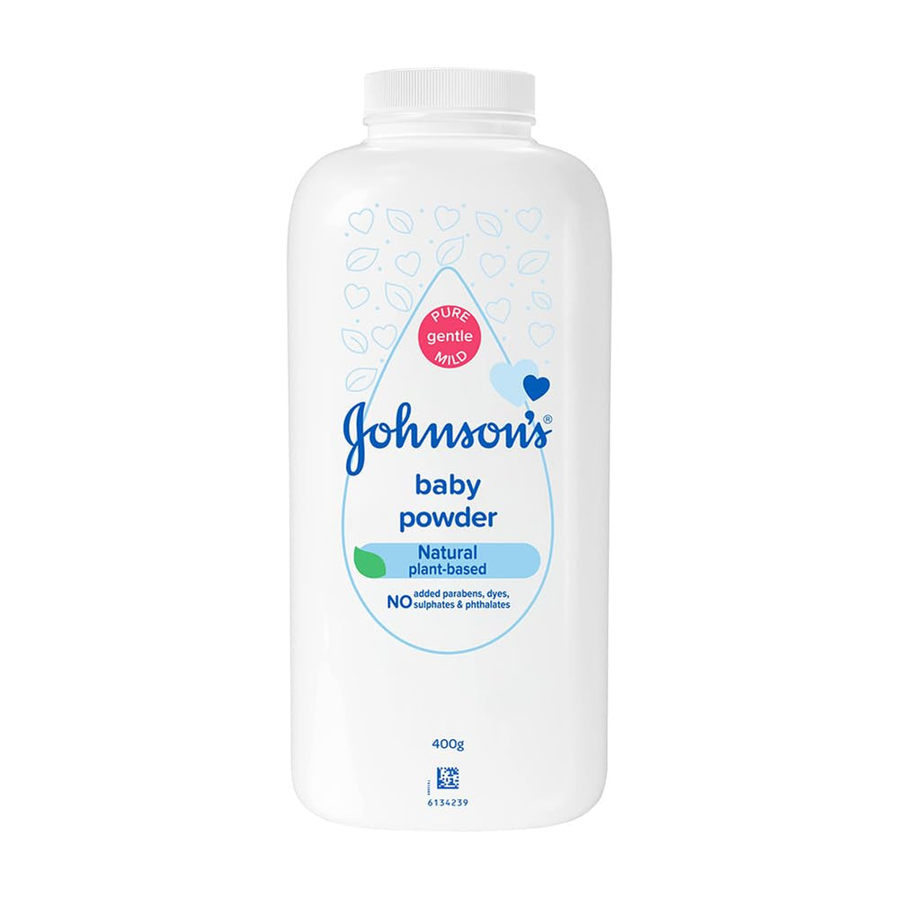 Johnson's Baby Powder 400g bottle front — gentle, lightweight powder for daily skin care.