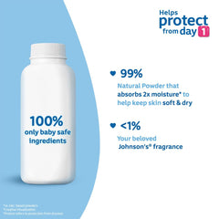 Johnson's Baby Powder 400g pour view — easy, controlled dispensation for quick refresh.