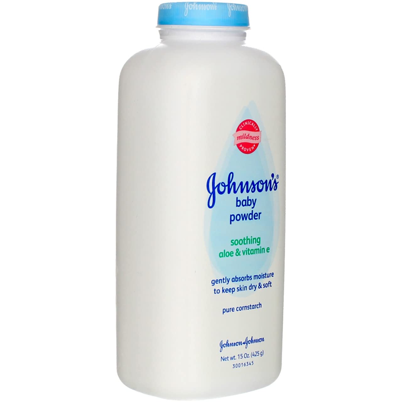 Johnson’s Aloe & Vitamin E baby powder being gently applied to skin by hand.