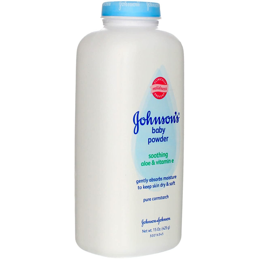 Johnson’s Aloe & Vitamin E baby powder being gently applied to skin by hand.