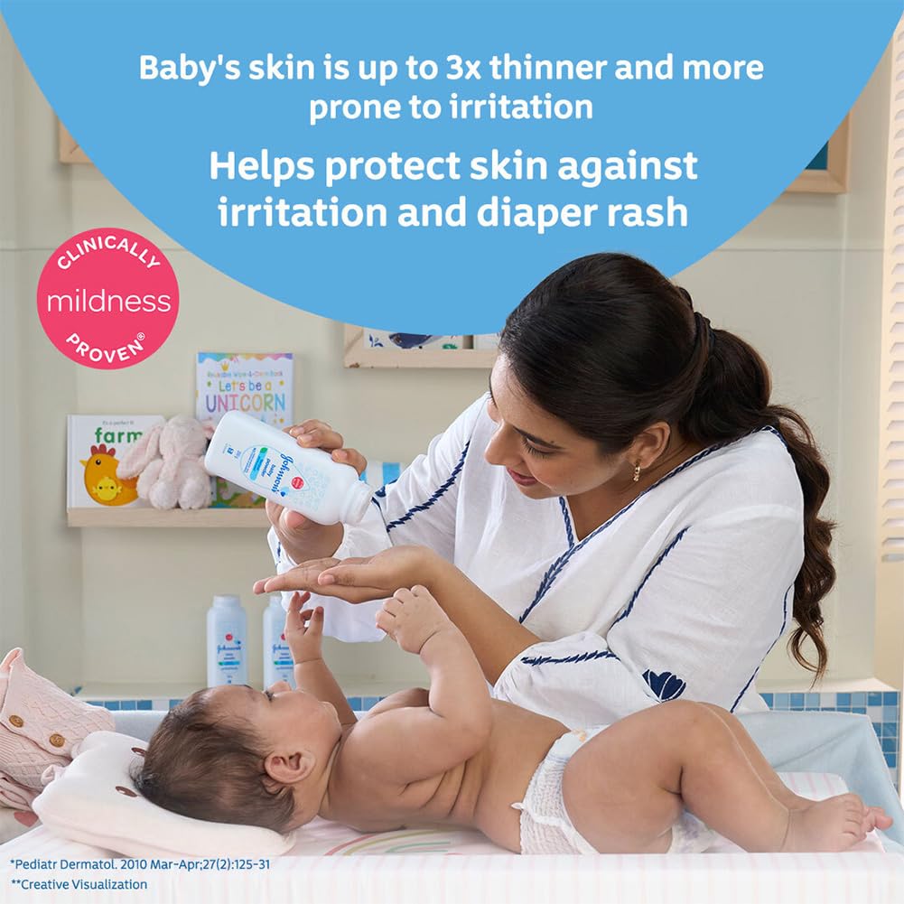 Johnson's Baby Powder dusting on skin for gentle everyday comfort.