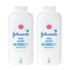 Johnson's Baby Powder front view twin pack 400g for everyday gentle protection.