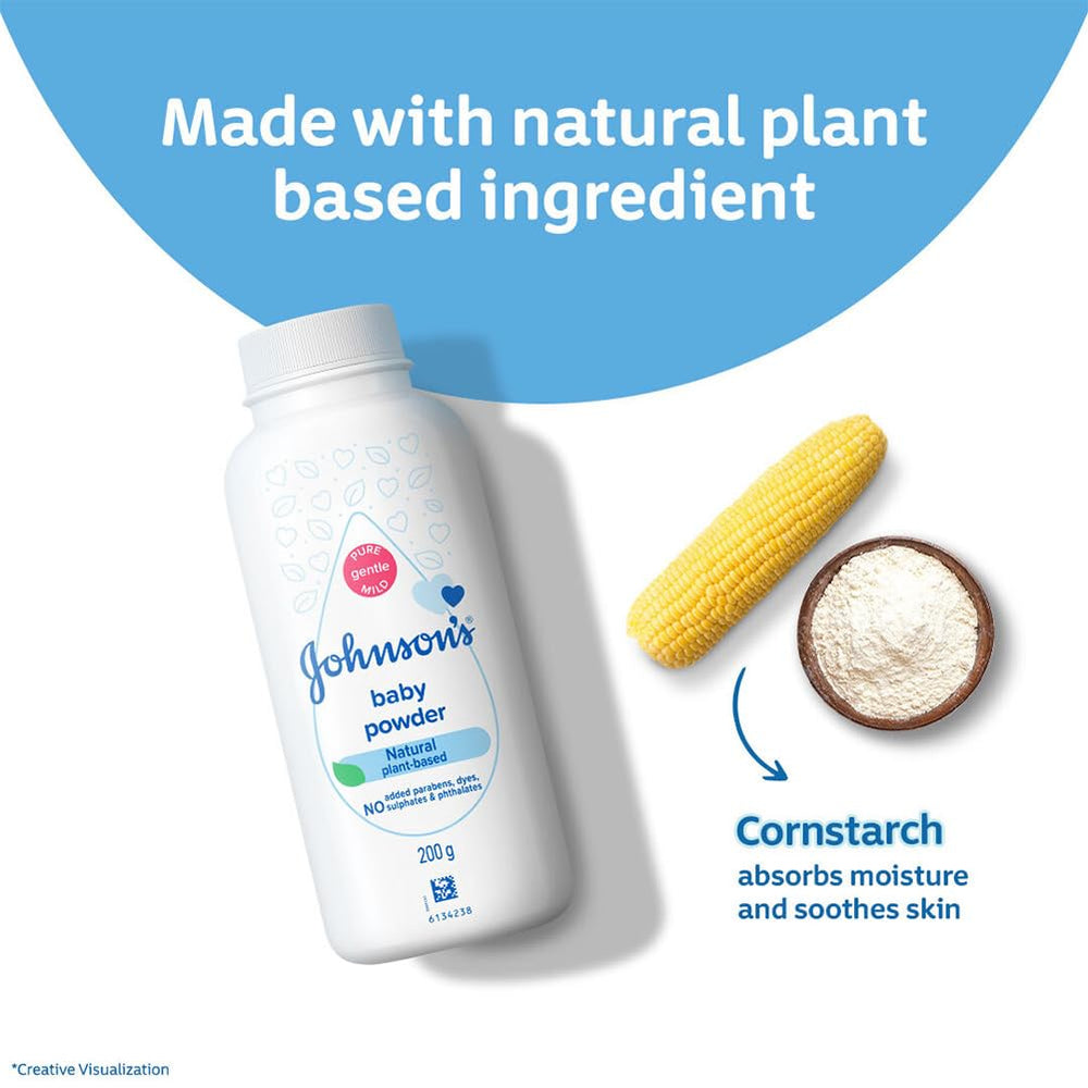 Johnson's Baby Powder open jar reveals soft powder ready for application.