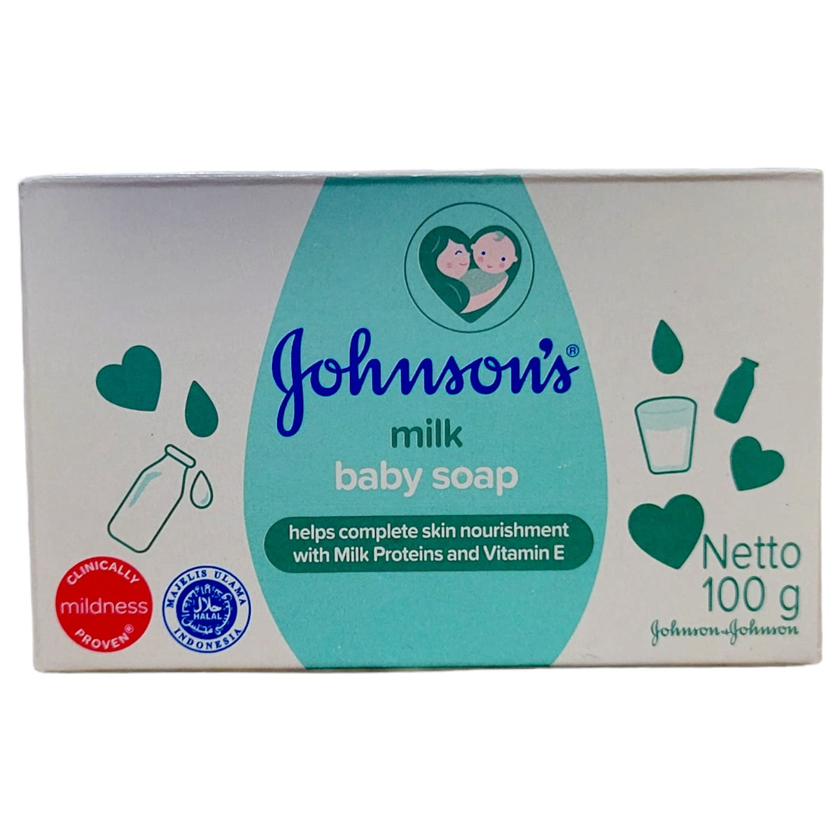 Johnson's Baby Soap Milk front packaging showing gentle cleansing for daily baths