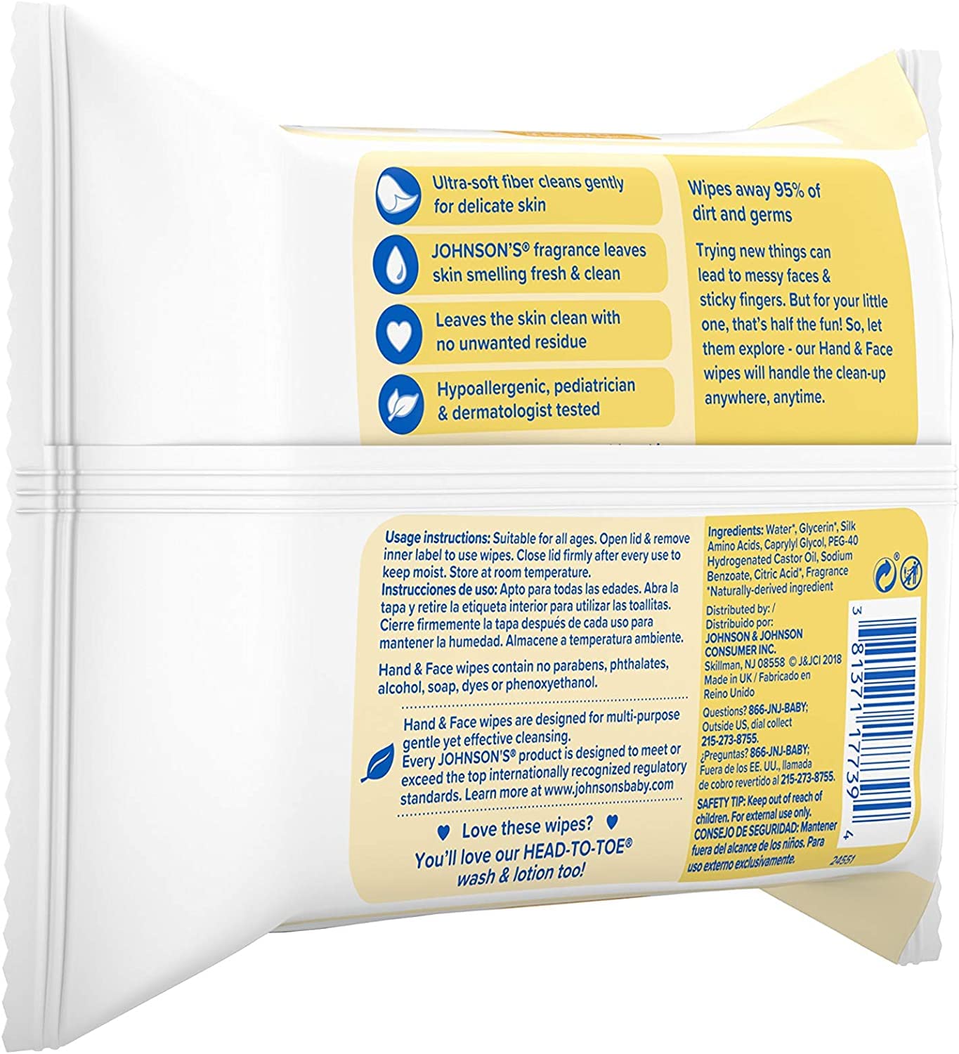 No More Tears label on Johnson's Baby Wipes indicates eye friendly formula.