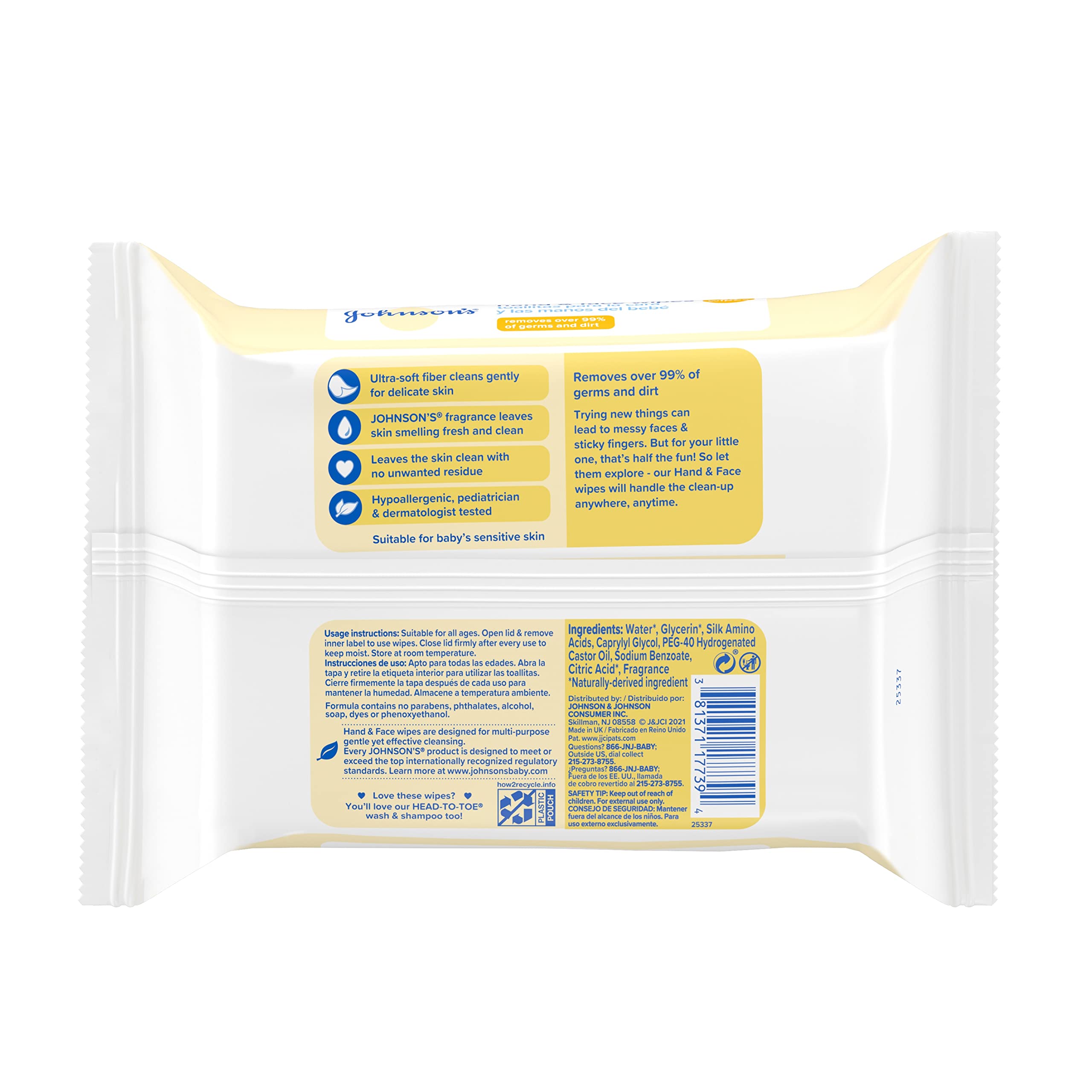 Johnson's Hand and Face Sanitizing Wipes tear-free formula for delicate skin