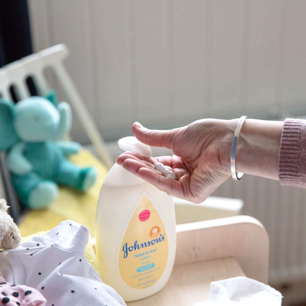 Lotion applied and absorbed into baby skin after bath.