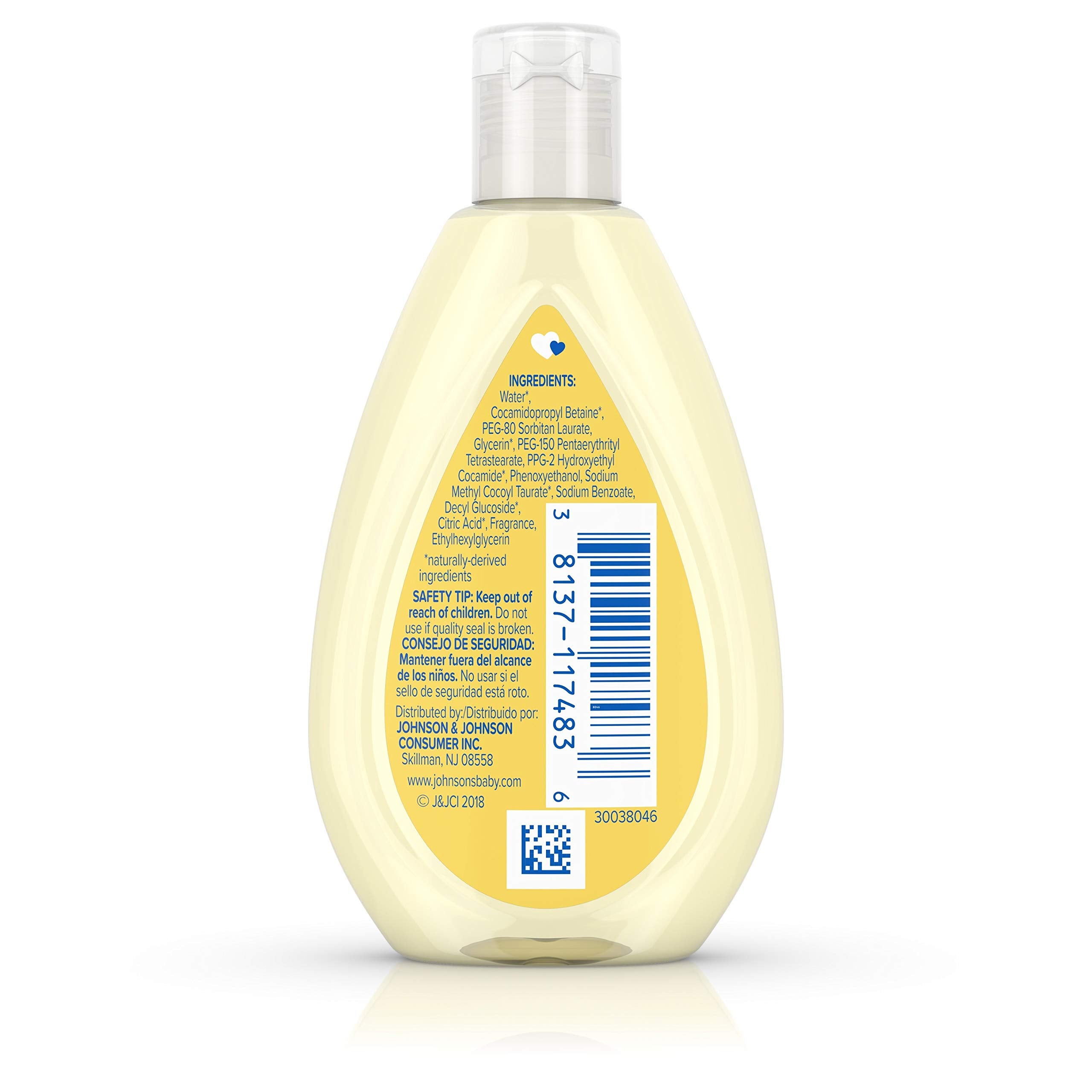 Johnson's Head-to-Toe Tearless Baby Wash foam demonstrates tear-free lather near baby's eyes